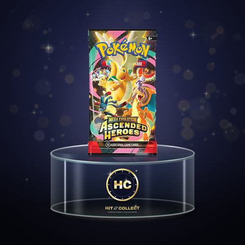 Pokémon TCG Mega Evolution Ascended Heroes booster pack on a glass display stand