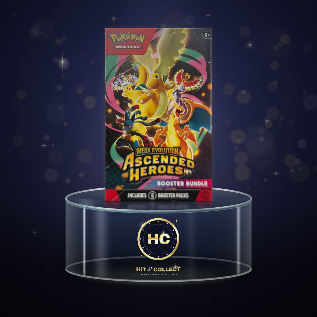 Pokémon TCG Mega Evolution Ascended Heroes Booster Bundle on a glass display stand
