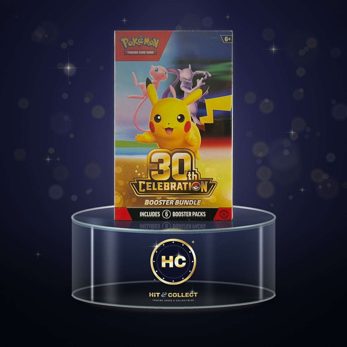 Pokémon TCG 30th Celebration Booster Bundle on a glass display stand