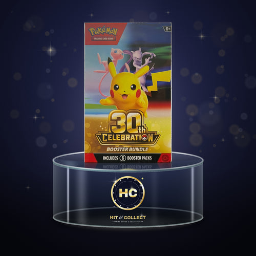 Pokémon TCG 30th Celebration Booster Bundle on a glass display stand