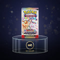 Pokémon TCG Scarlet & Violet Prismatic Evolutions booster pack on a glass display stand