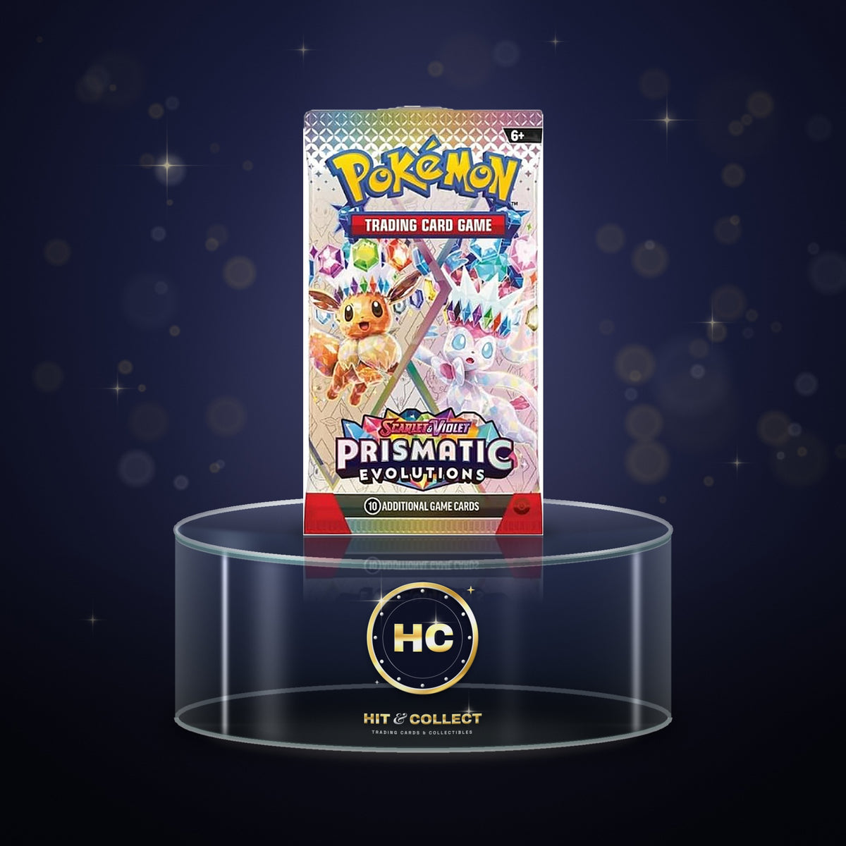 Pokémon TCG Scarlet & Violet Prismatic Evolutions booster pack on a glass display stand