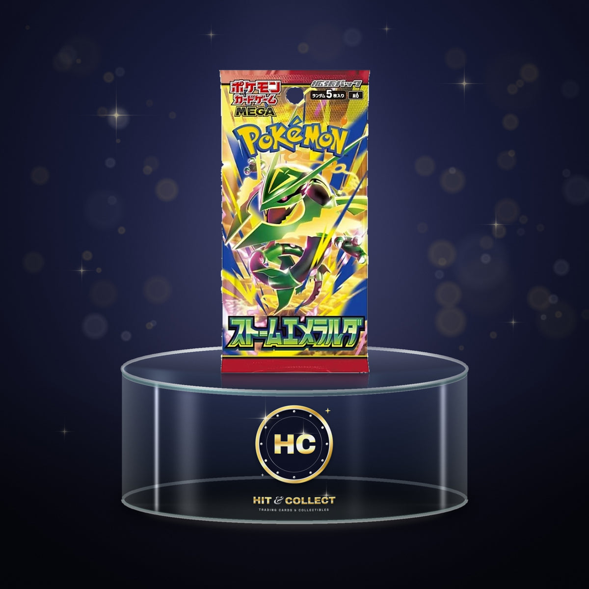 Japanese Pokémon Card Game Storm Emerald M6 booster pack on a glass display stand